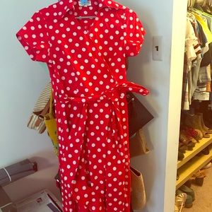 Red and white polka dot wrap dress